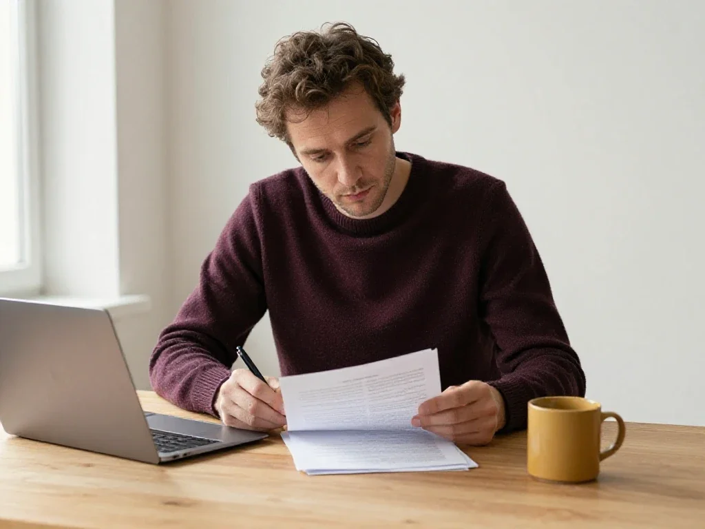 Un consultant français examine des dossiers administratifs sur un bureau en bois clair épuré.