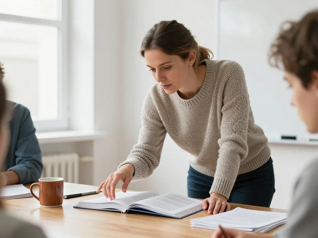 Une formatrice française accompagne un apprenant sur un manuel pédagogique dans un bureau lumineux.