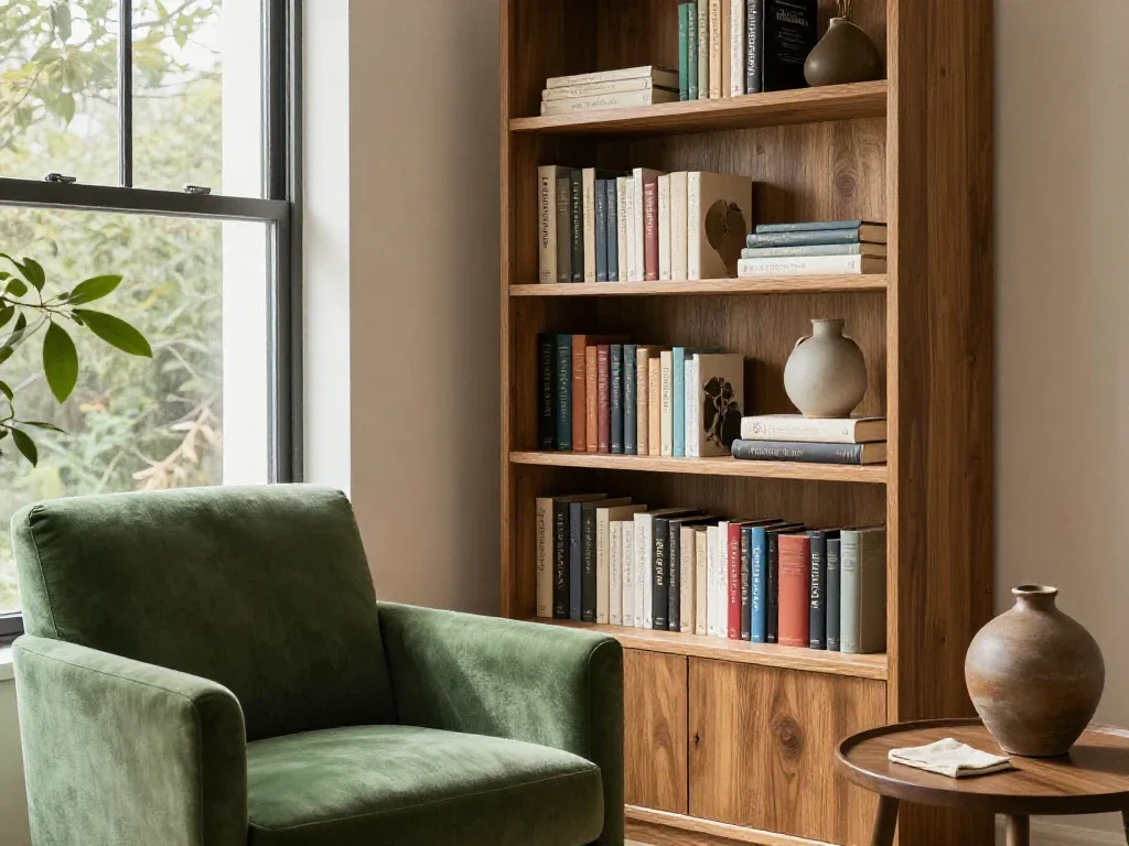Salon baigné de lumière avec une bibliothèque en bois illustrant la richesse du quotidien.