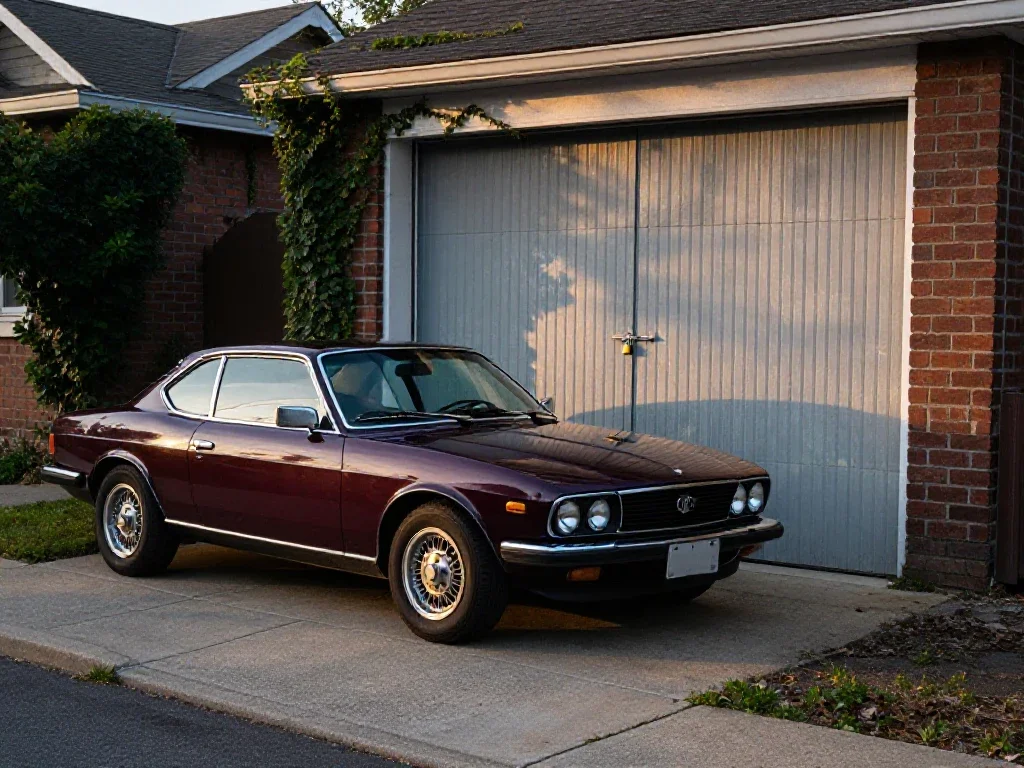 Voiture de collection devant un garage au lever du jour, illustrant une perspective sur le quotidien.